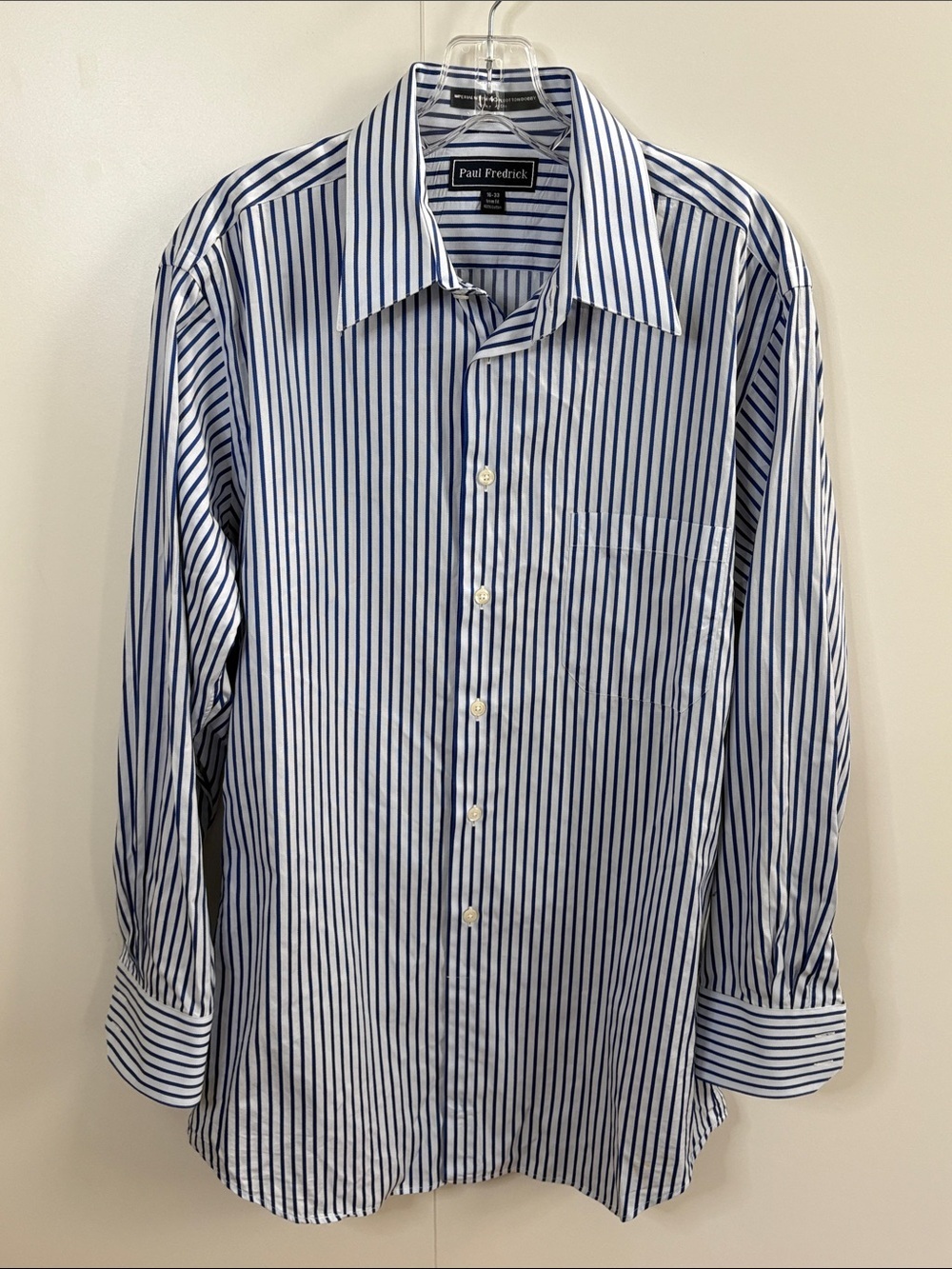 Paul Fredrick Blue and White Vertical Stripe Dress Shirt 16/33 Trim Fit